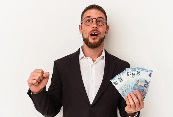 Young Business Caucasian Man Holding Banknotes Isolated White Background Pointing — Stock Photo, Image