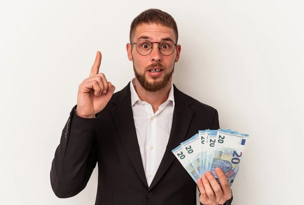 Young Business Caucasian Man Holding Banknotes Isolated White Background Having — Stock Photo, Image