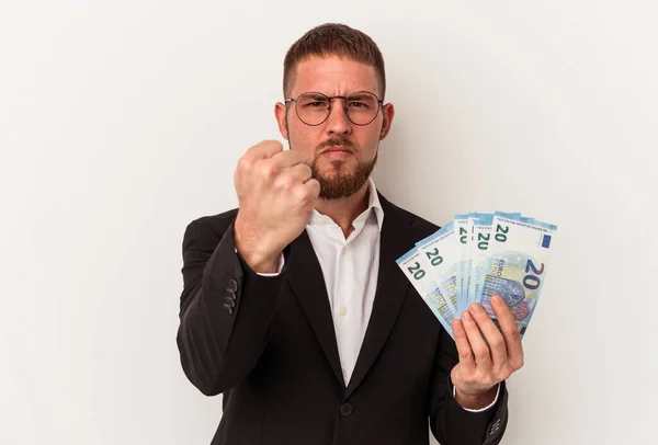 Young Business Caucasian Man Holding Banknotes Isolated White Background Showing — Stock Photo, Image