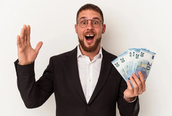 Young Business Caucasian Man Holding Banknotes Isolated White Background Receiving — Stock Photo, Image