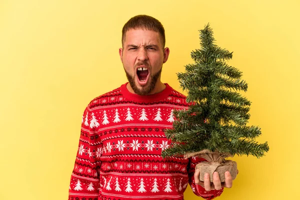 Młody Biały Człowiek Kupuje Mało Drzewo Boże Narodzenie Odizolowany Żółtym — Zdjęcie stockowe