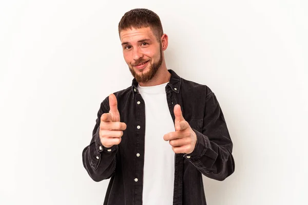 Young Caucasian Man Diastema Isolated White Background Pointing Front Fingers — Stock Photo, Image