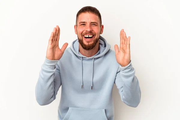 Young Caucasian Man Diastema Isolated White Background Laughs Out Loudly — Stock Photo, Image