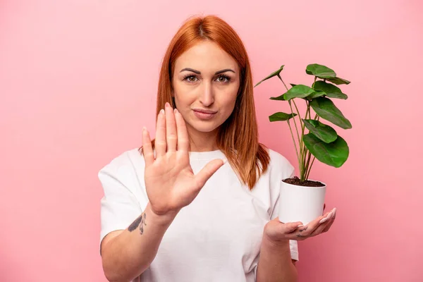 Young Caucasian Woman Holding Plant Isolated Pink Background Young Caucasian — Stock Photo, Image