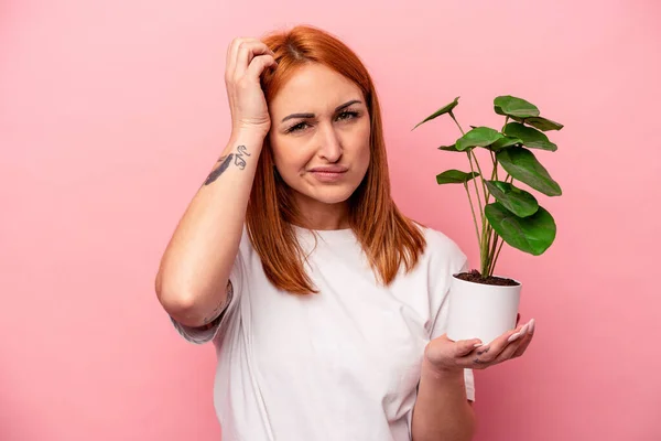 Young Caucasian Woman Holding Plant Isolated Pink Background Young Caucasian — Stock Photo, Image