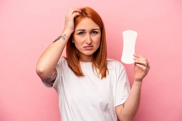 Young Caucasian Woman Holding Sanitary Napkin Isolated Pink Background Being — Stock Photo, Image