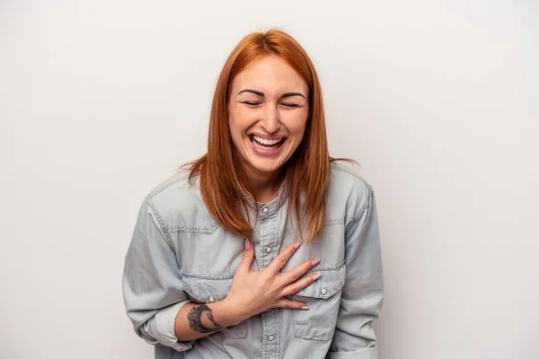 Young Caucasian Woman Isolated White Background Laughs Out Loudly Keeping — Stock Photo, Image