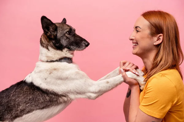Mulher Caucasiana Jovem Com Seu Cão Isolado Fundo Rosa — Fotografia de Stock