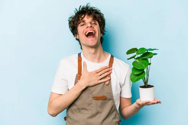 Νεαρός Κηπουρός Καυκάσιος Κρατώντας Ένα Φυτό Απομονωμένο Μπλε Φόντο Γελάει — Φωτογραφία Αρχείου
