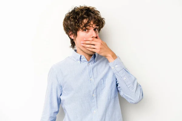 Young Caucasian Man Isolated White Background Covering Mouth Hands Looking — Stock Photo, Image