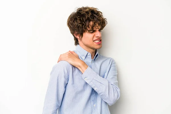 Young Caucasian Man Isolated White Background Having Shoulder Pain — Stock Photo, Image