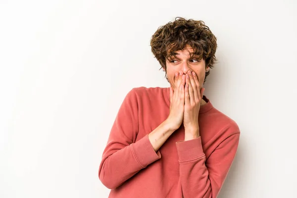 Young Caucasian Man Isolated White Background Laughing Something Covering Mouth — Stock Photo, Image