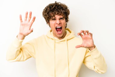 Beyaz arka planda izole edilmiş genç beyaz bir adam pençelerini kedi taklidi yaparken gösteriyor, agresif bir hareket..