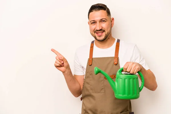 Gardener Hispanic Man Holding Watering Can Isolated White Background Smiling — Foto Stock