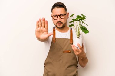 İspanyol bahçıvan elinde beyaz arka planda izole edilmiş bir bitki tutuyor. Elini uzatmış, dur işareti veriyor ve seni engelliyor..
