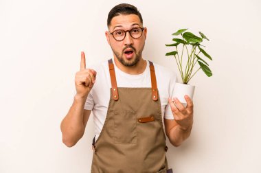 İspanyol bahçıvan elinde bir bitki tutuyor beyaz arka planda bir fikri, ilham konsepti var.