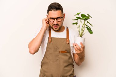 İspanyol bahçıvan elinde bir bitki tutuyor. Beyaz arka planda izole edilmiş. Kulakları elleriyle kapatıyor..