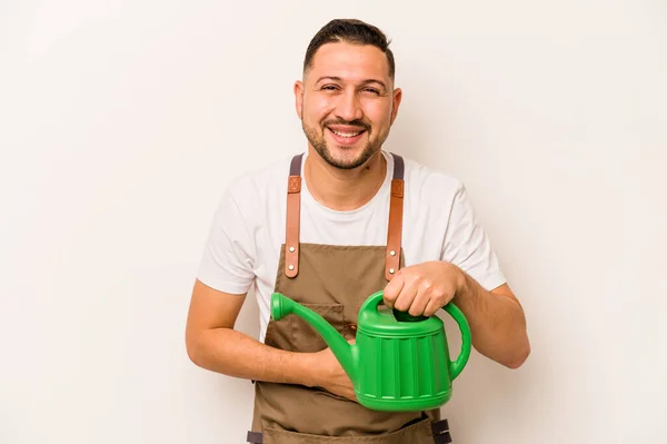 Gardener Hispanic Man Holding Watering Can Isolated White Background Laughing — Foto Stock