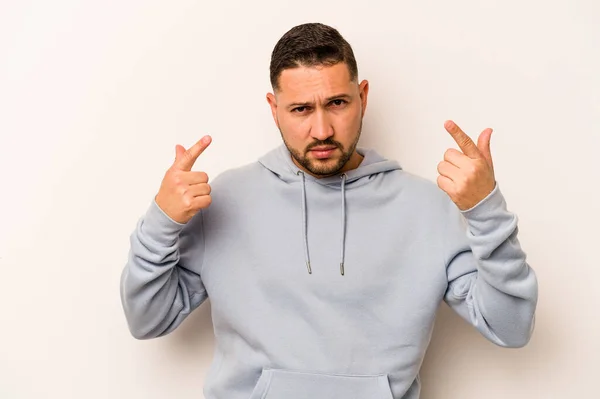 Young Hispanic Man Isolated White Background Showing Disappointment Gesture Forefinger — ストック写真