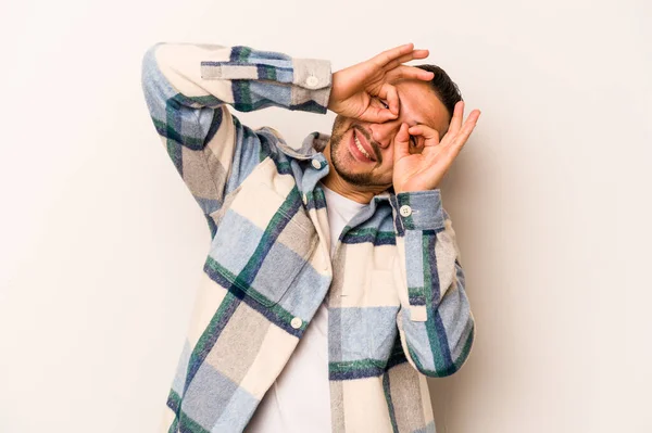 Young Hispanic Man Isolated White Background Showing Okay Sign Eyes — 스톡 사진