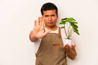 Genç bahçıvan İspanyol bir adam beyaz arka planda izole edilmiş bir bitki tutuyor elini uzatmış, dur işareti gösteriyor ve seni engelliyor..