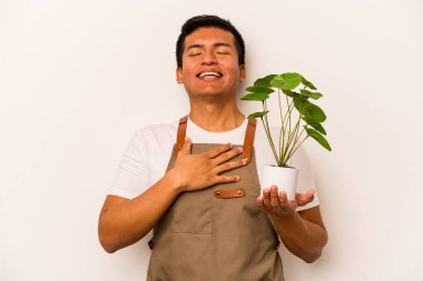Genç bahçıvan İspanyol bir adam beyaz arka planda izole edilmiş bir bitki tutuyor kahkahalarla gülüyor göğsünde elini tutuyor.