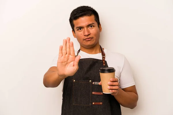 Restaurant Hispanic Waiter Holding Take Away Coffee Isolated White Background — стоковое фото