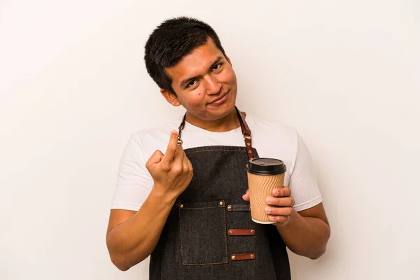 Restaurant Hispanic Waiter Holding Take Away Coffee Isolated White Background — стоковое фото