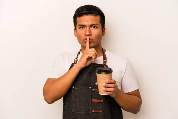 Restaurant Hispanic Waiter Holding Take Away Coffee Isolated White Background — стоковое фото