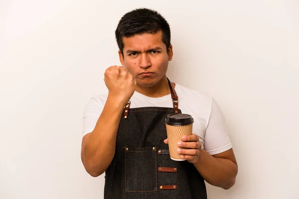 Restaurant Hispanic Waiter Holding Take Away Coffee Isolated White Background — стоковое фото