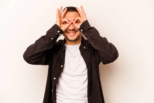 Young Hispanic Man Isolated White Background Excited Keeping Gesture Eye — 스톡 사진