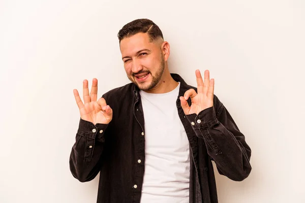 Young Hispanic Man Isolated White Background Cheerful Confident Showing Gesture — стоковое фото