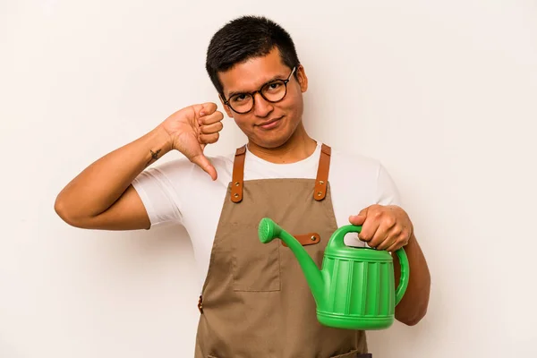 Young Gardener Hispanic Man Holding Watering Can Isolated White Background — стоковое фото