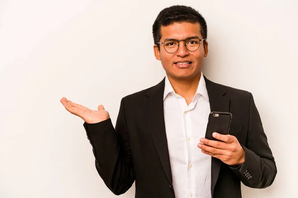 Young Business Hispanic Man Holding Mobile Phone Isolated White Background — стоковое фото