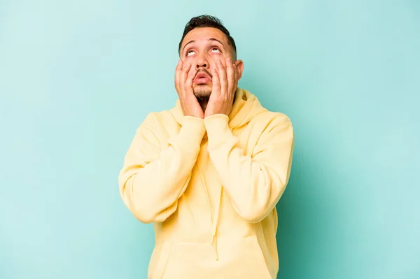 Young Hispanic Man Isolated Blue Background Whining Crying Disconsolately — Stock Photo, Image