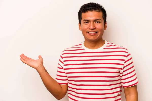 Young Hispanic Man Isolated White Background Showing Copy Space Palm — стоковое фото