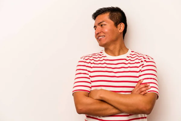 Young Hispanic Man Isolated White Background Smiling Confident Crossed Arms — 스톡 사진