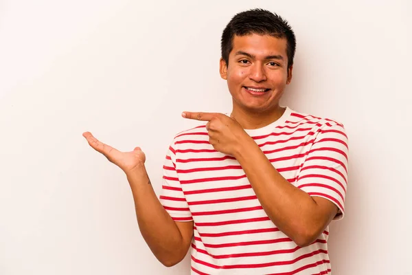 Young Hispanic Man Isolated White Background Excited Holding Copy Space — Stock Photo, Image