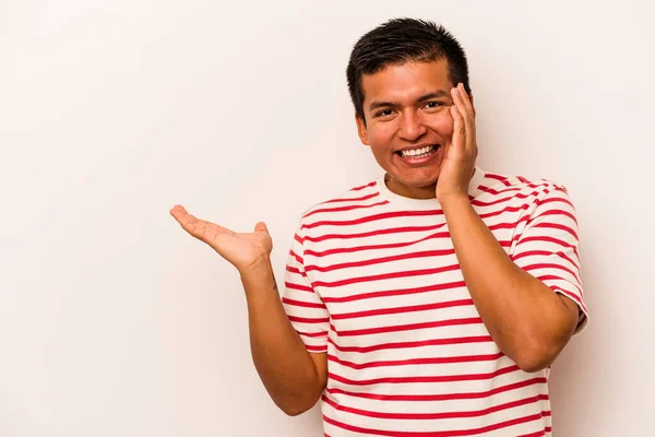 Young Hispanic Man Isolated White Background Holds Copy Space Palm — Stock Photo, Image