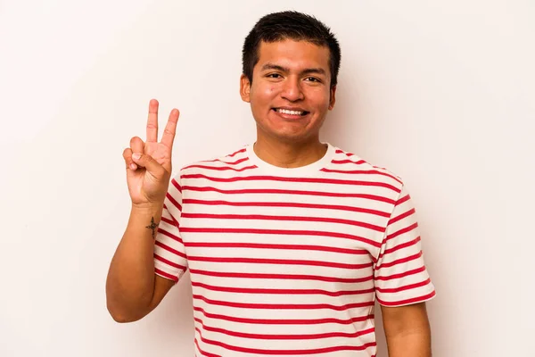 Young Hispanic Man Isolated White Background Showing Victory Sign Smiling — стоковое фото