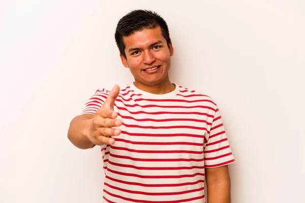 Junger Hispanischer Mann Isoliert Auf Weißem Hintergrund Die Hand Die — Stockfoto
