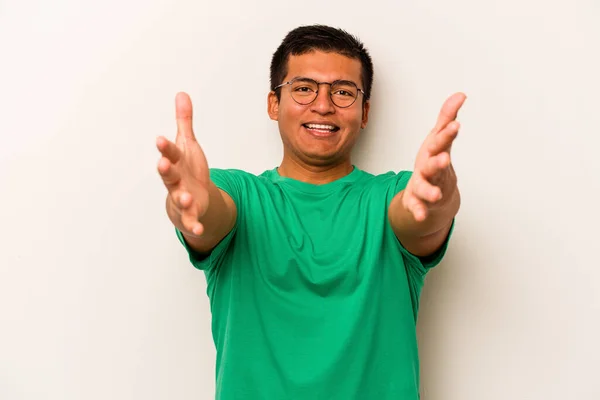 Young Hispanic Man Isolated White Background Feels Confident Giving Hug — Stock Photo, Image