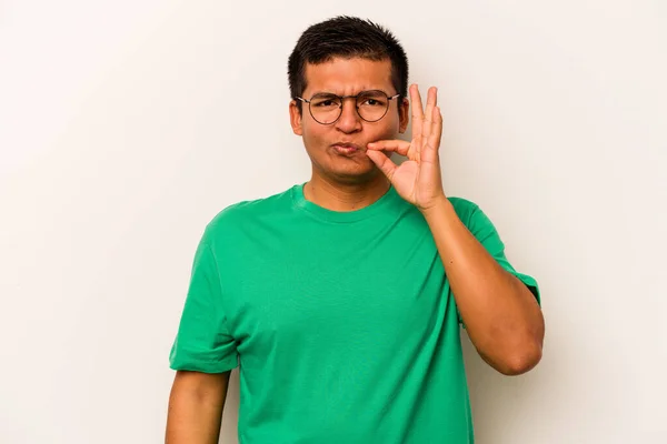 Young Hispanic Man Isolated White Background Fingers Lips Keeping Secret — стоковое фото