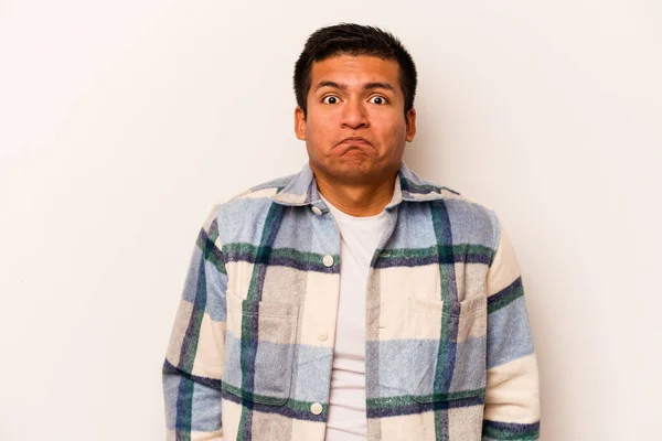 Young Hispanic Man Isolated White Background Shrugs Shoulders Open Eyes — ストック写真