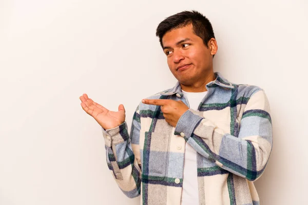 Young Hispanic Man Isolated White Background Excited Holding Copy Space — Stock Photo, Image