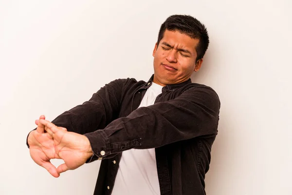 Young Hispanic Man Isolated White Background Stretching Arms Relaxed Position — Stock Photo, Image