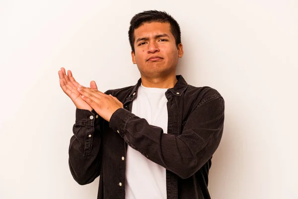 Young Hispanic Man Isolated White Background Feeling Energetic Comfortable Rubbing — стоковое фото