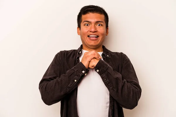 Young Hispanic Man Isolated White Background Praying Luck Amazed Opening — Stock Photo, Image