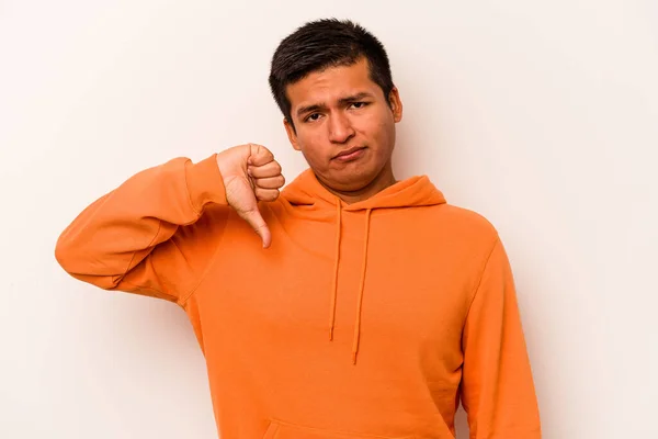 Junge Hispanische Mann Isoliert Auf Weißem Hintergrund Zeigt Daumen Nach — Stockfoto