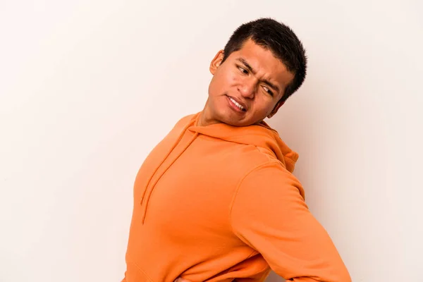 Young Hispanic Man Isolated White Background Suffering Back Pain — стоковое фото